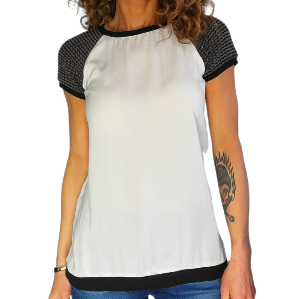 Sanctuary Wool Trim Blouse Size x Small White Black